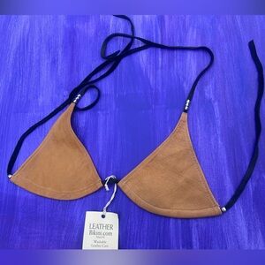 Real geniune Leather Bikini top honey light gold Brown  with black straps